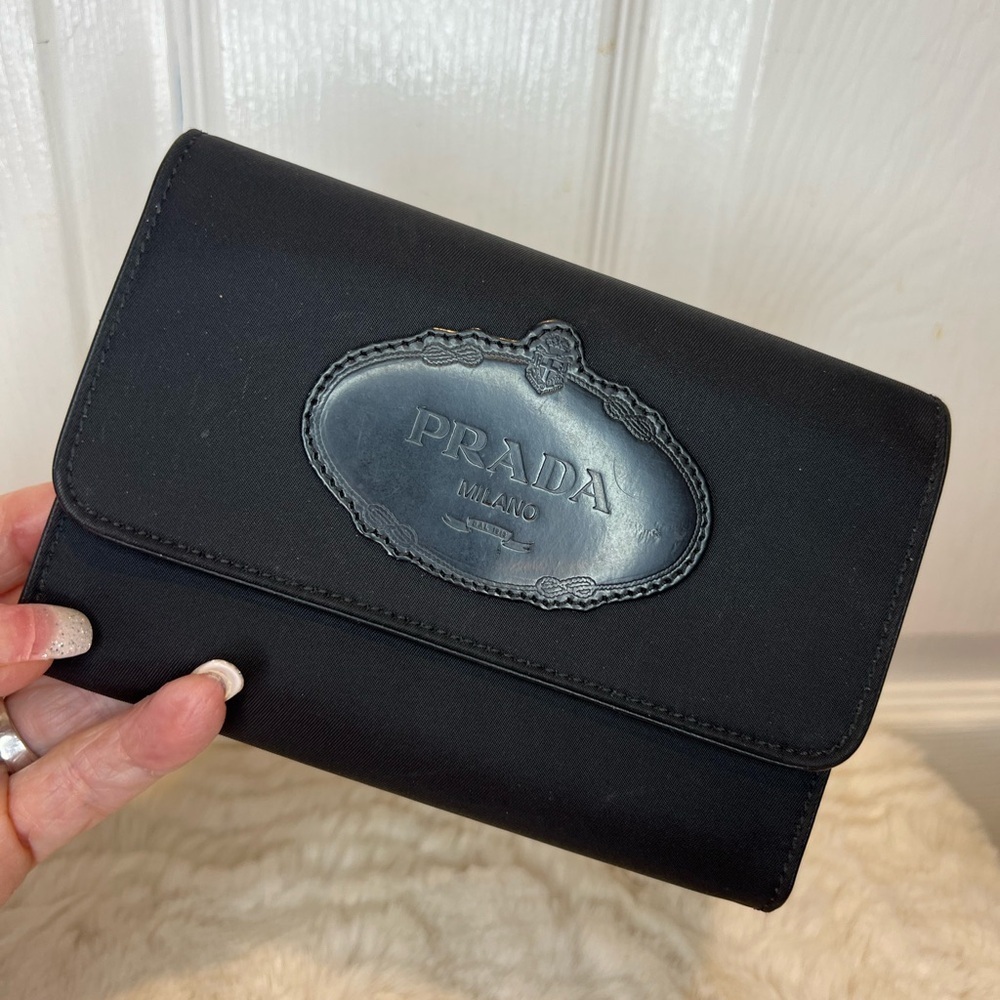 PRADA TRI-FOLD NERO BLACK COMPACT NYLON LEATHER WALLET